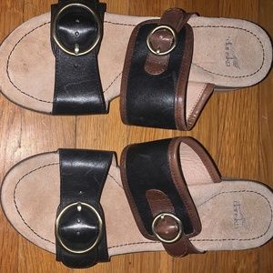 Dansco leather black and brown slip on buckle sandals